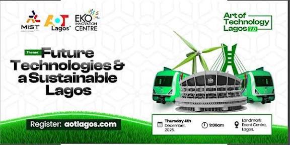 AOT 7.0 Lagos 2025 event banner featuring theme Future Technologies and Sustainable Lagos