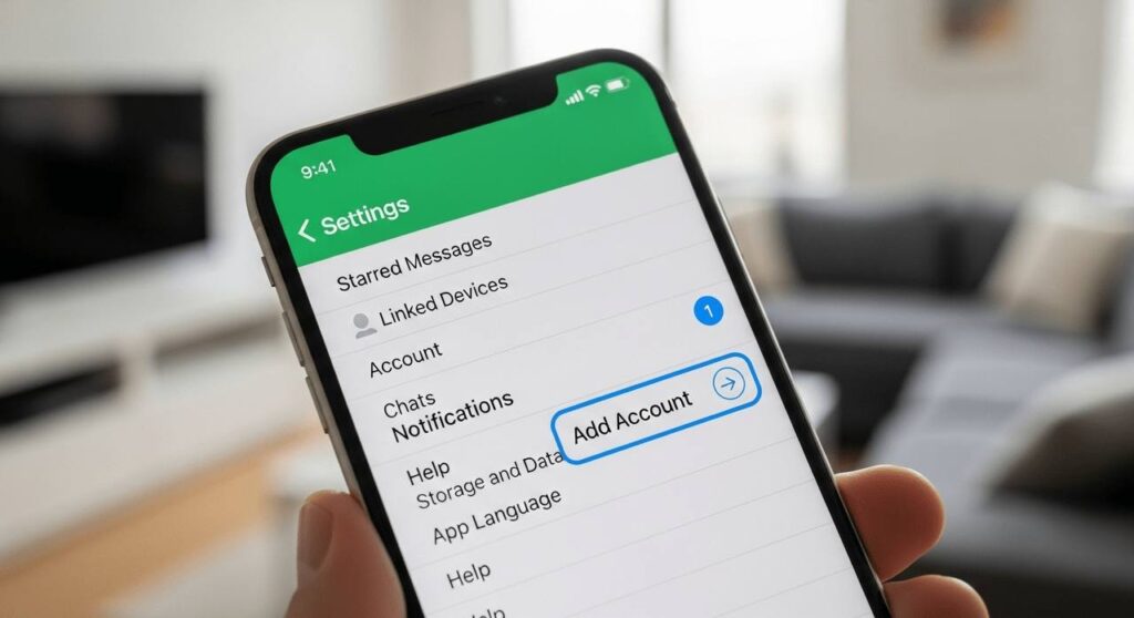 Screenshot showing WhatsApp settings on iPhone with the option to add a second account.