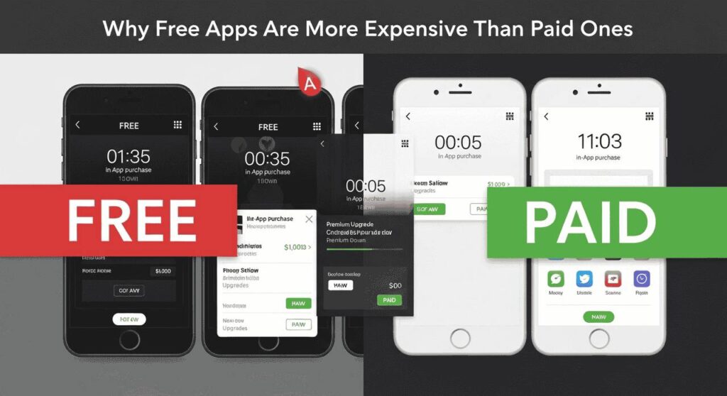 Smartphone showing in-app subscription popup for a free app, highlighting that free apps are more expensive than paid apps.