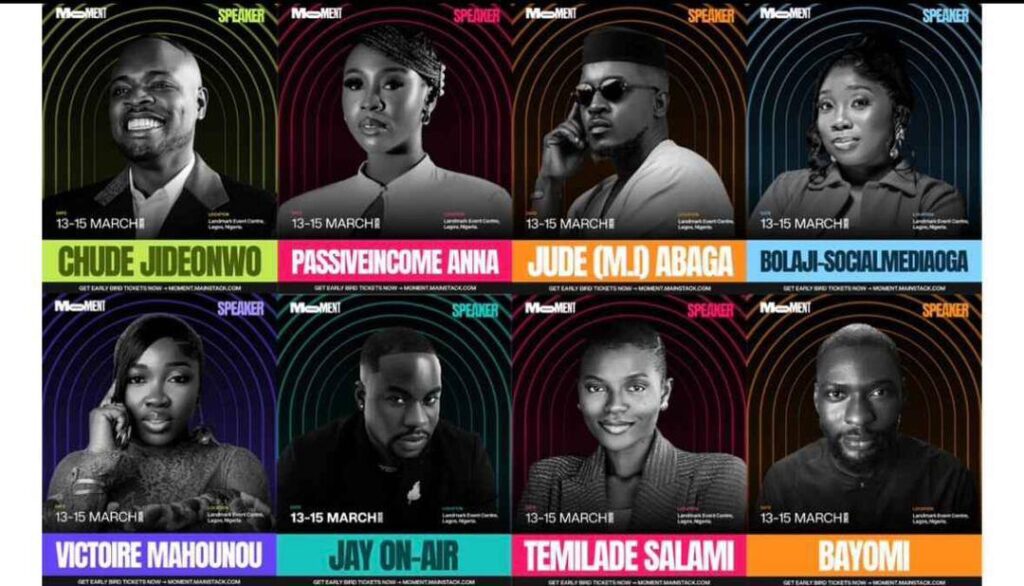 Moment 2026 Lagos speakers lineup featuring Chude Jideonwo, M.I Abaga, Temilade Salami and other creators