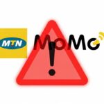 MTN MoMo logo with red warning sign for mobile money glitch
