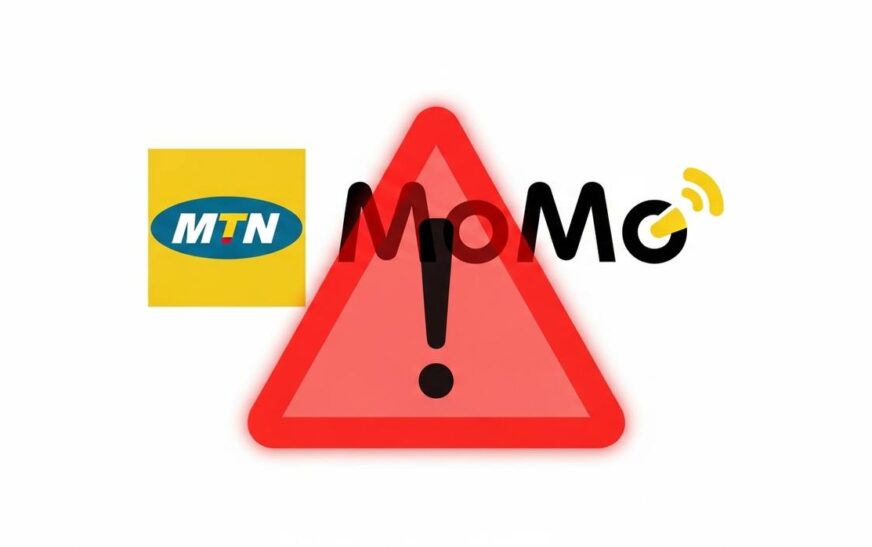 MTN MoMo logo with red warning sign for mobile money glitch