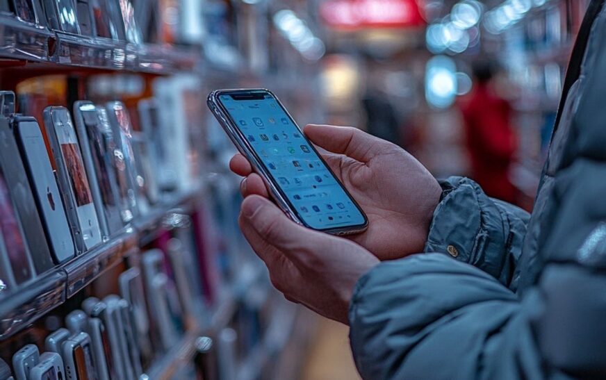 Person inspecting a used smartphone before purchase
