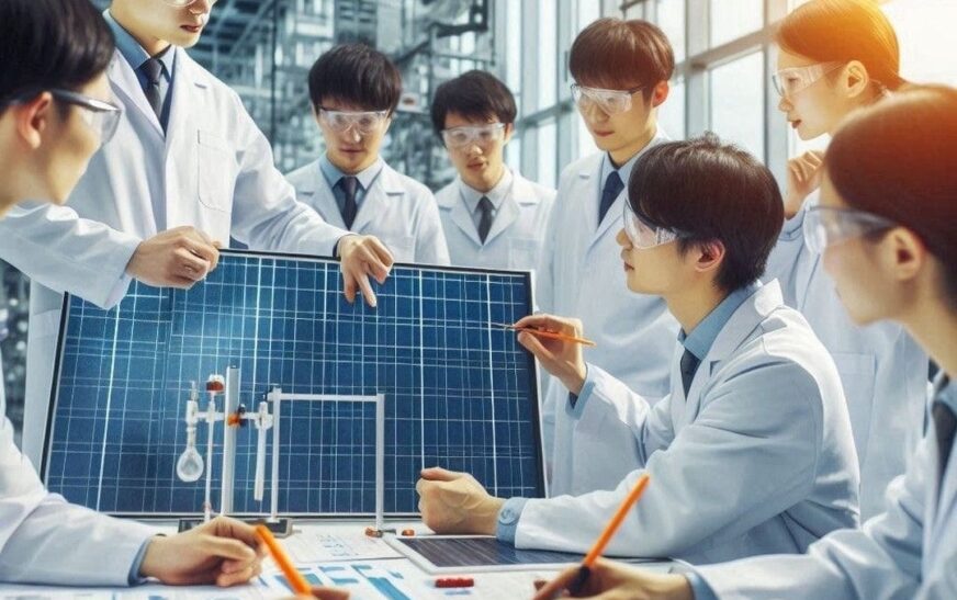 Chinese workers holding a solar panel in a manufacturing facility