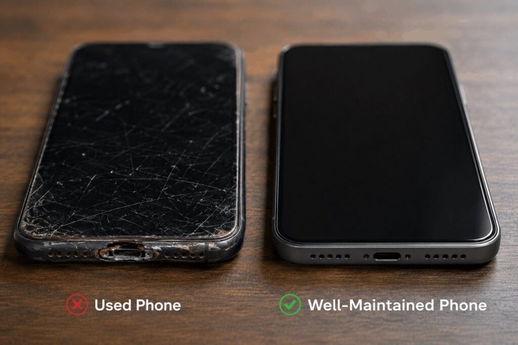 Damaged used smartphone compared to a clean working phone