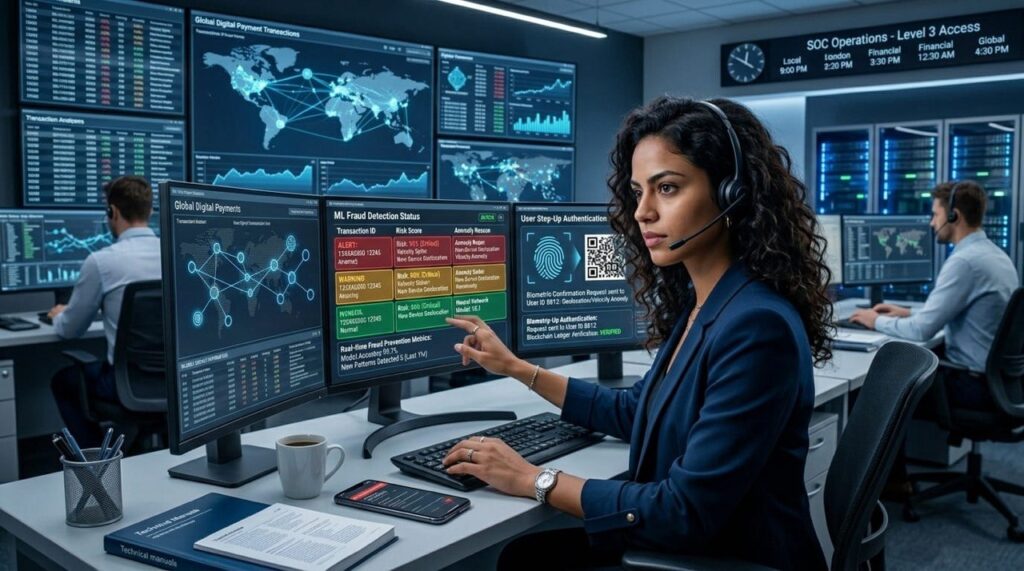 AI-powered fraud detection system monitoring online payments