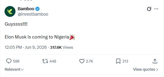 SpaceX stock in Nigeria Bamboo tweet announcing Elon Musk SpaceX investment opportunity