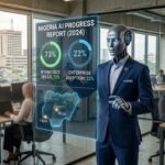 AI robot in a business suit inside a modern Lagos office representing Nigeria’s AI adoption and the gap between workforce readiness and enterprise implementation.