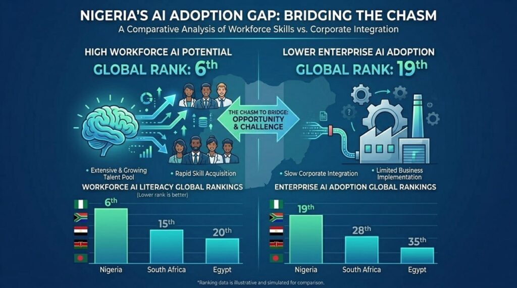 Data infographic showing Nigeria’s AI adoption rankings with high workforce AI literacy and low enterprise AI adoption compared to other countries.