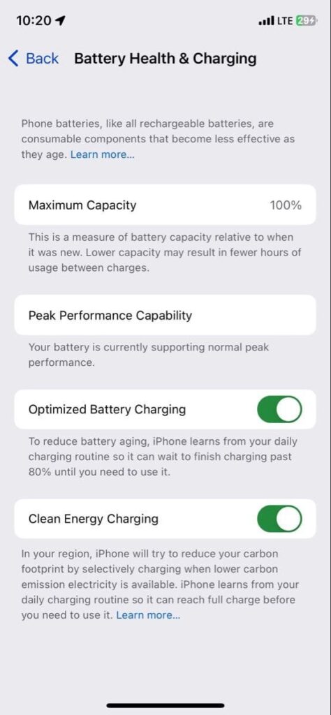 iPhone battery health settings screen