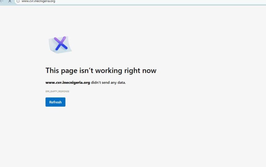 Error message displayed after the INEC online voter registration portal became inaccessible on launch day.