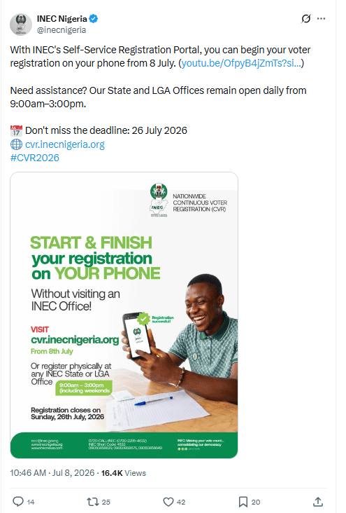 INEC announces the launch of its Self-Service Voter Registration Portal on X.