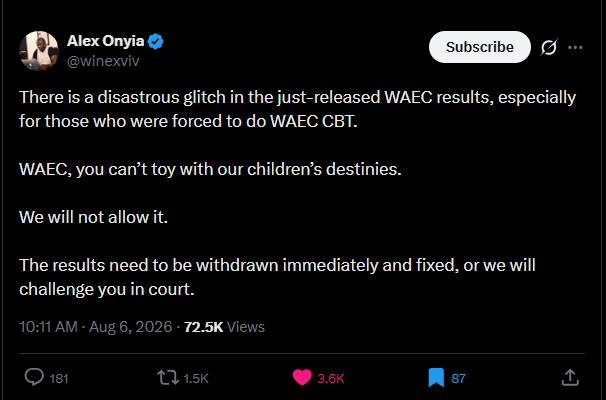 Screenshot of Alex Onyia's X post alleging glitches in WAEC 2026 CBT results