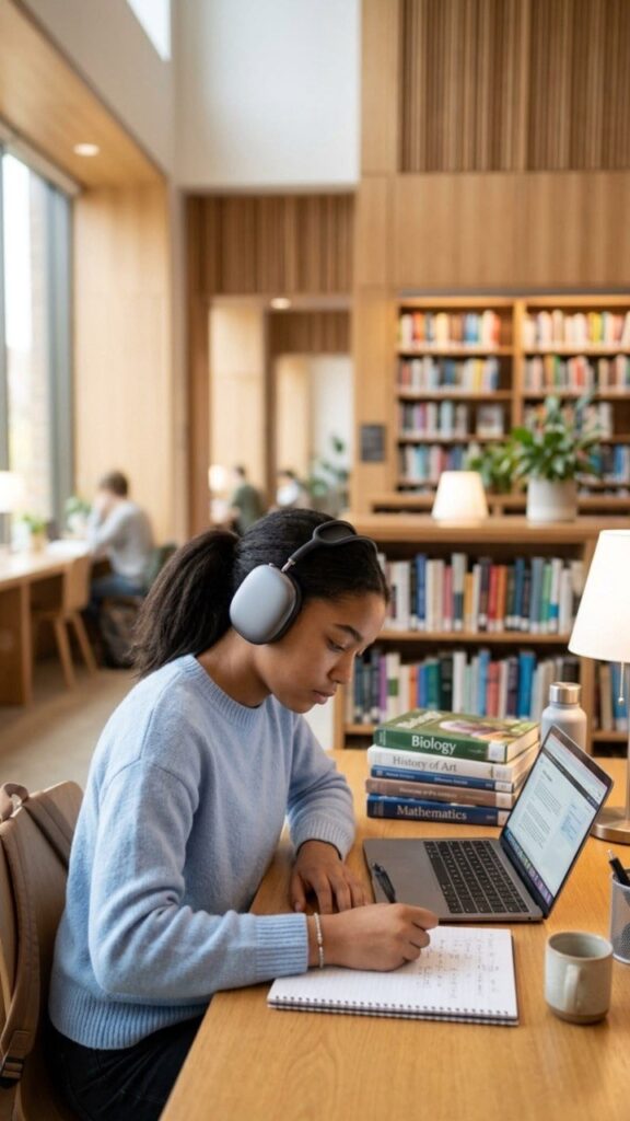 Student studying with headphones and taking notes