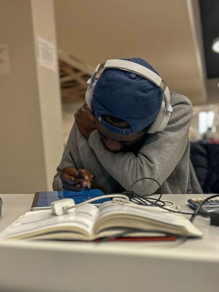 Student wearing noise cancelling headphones while studying