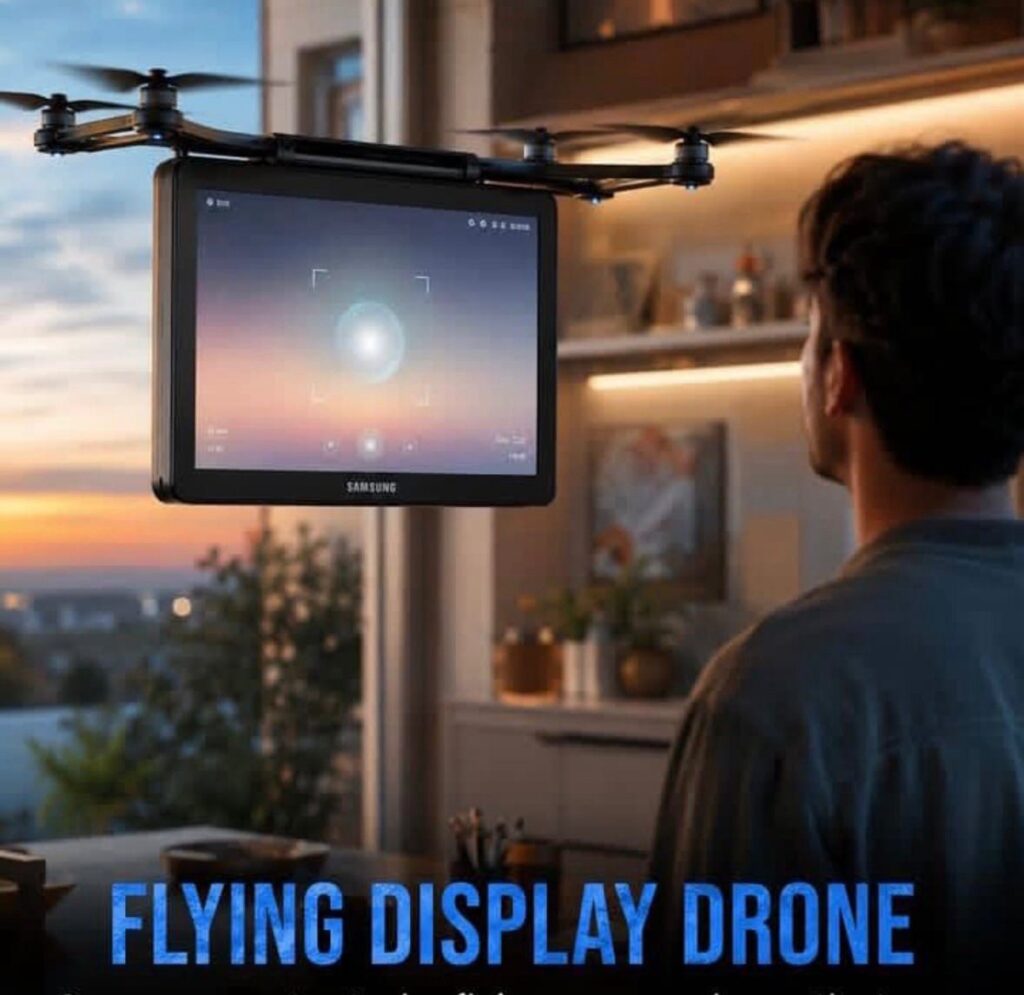Samsung flying display drone following a user indoors.