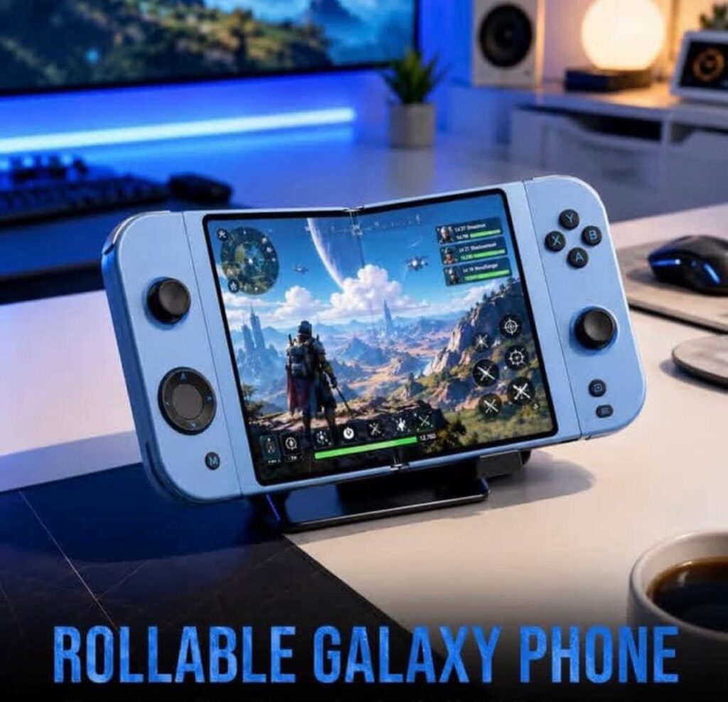 Samsung foldable handheld gaming console with flexible display.