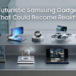 Collage of futuristic Samsung gadget concepts including foldable phones, smart wearables, and transparent displays.