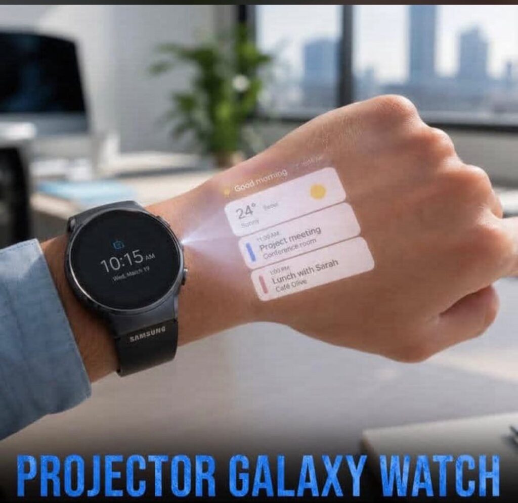 Samsung Galaxy Watch projecting its interface onto the user's hand.