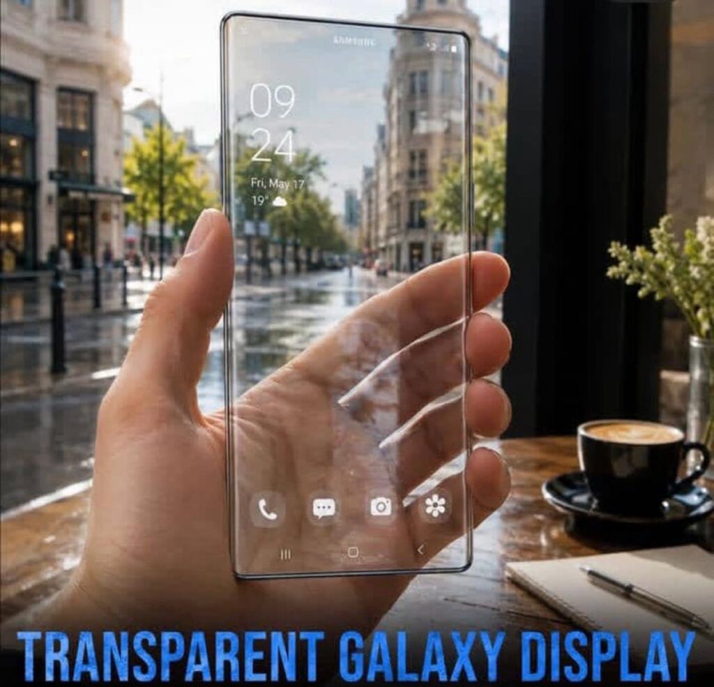 Samsung transparent OLED display showing digital content through a clear screen.
