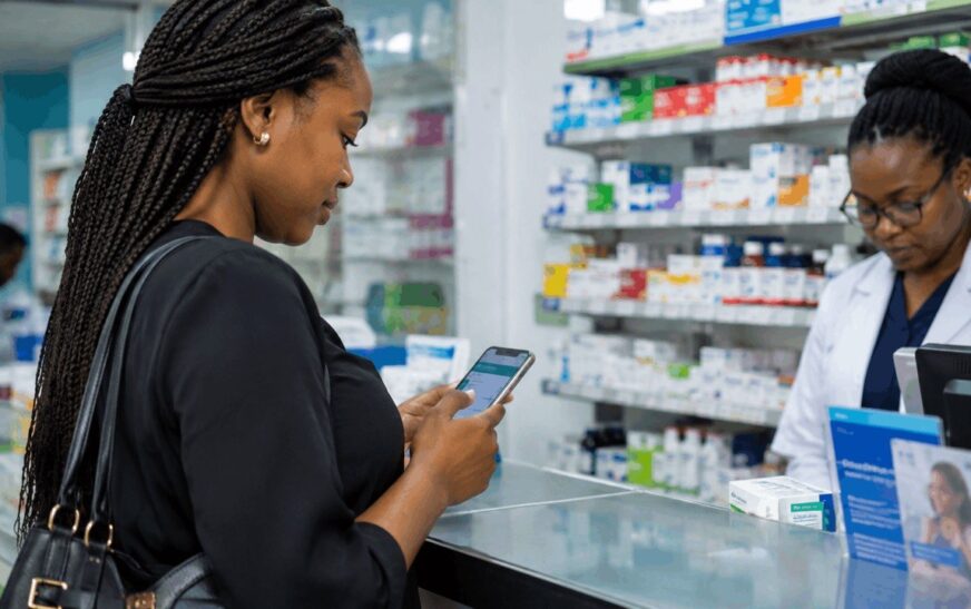 Nigerian woman ordering medicine through a digital pharmacy app