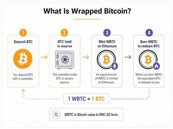 Illustration showing how Bitcoin reserves back Wrapped Bitcoin tokens on Ethereum