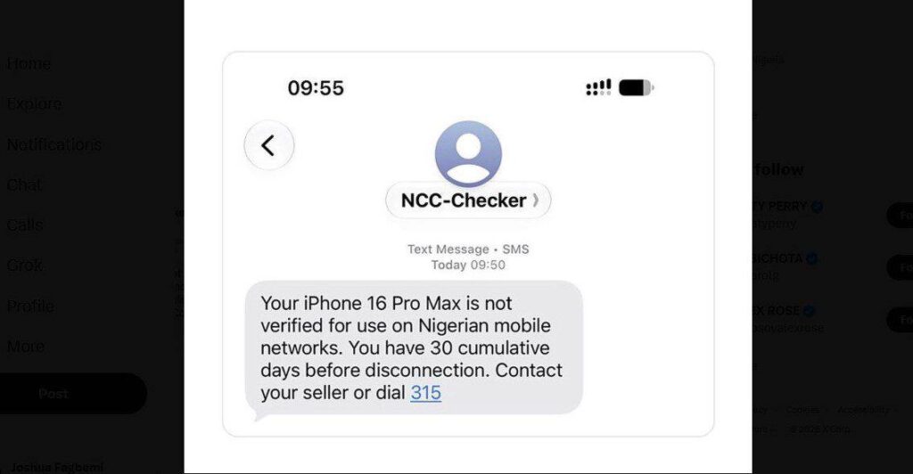 NCC-Checker SMS warning a phone user about possible disconnection from Nigerian mobile networks