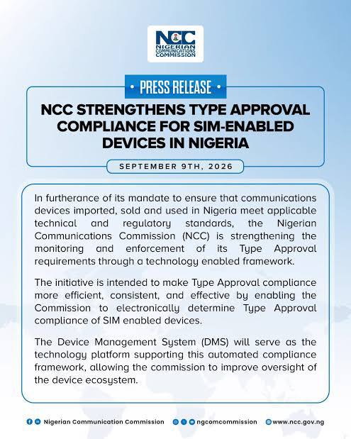 Nigerian Communications Commission announcement on Device Management System compliance for SIM-enabled devices